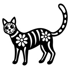 Skeleton cat with floral patterns line art vector illustration 