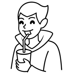 Smiling vampire drinking juice instead of blood line art vector illustration 