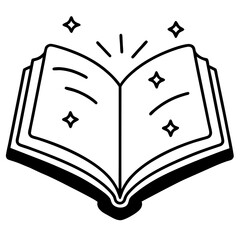 Spell book with glowing pages line art vector illustration 