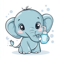 Naklejka premium Cute elephant holding hand sanitizer