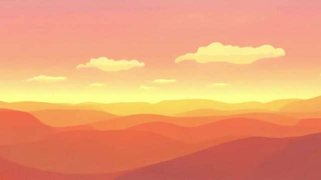Peaceful animated landscape of orange mountains and yellow sky during sunset with soft clouds. Ideal for backgrounds, meditative visuals, nature animations, or relaxing content video