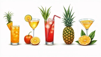 Fototapeta premium group six different types tropical drinks six glasses total filled different type drink side tall glass orange juice slice lemon rim next two whole oranges cherry tomato center group appears tall red