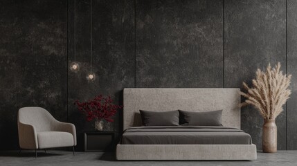 Modern minimalist bedroom design featuring stylish furniture and decor