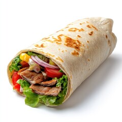 Delicious toasted doner wrap closeup isolated on clean white background culinary delight