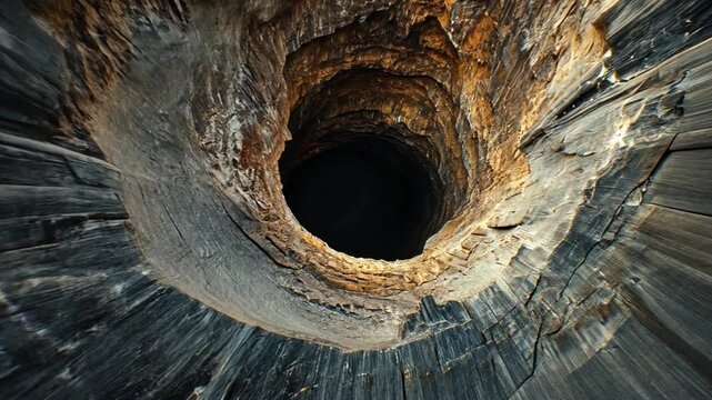 This image shows a deep, circular hole surrounded by rugged rock formations. The contrasting colors add depth and intrigue. Ideal for projects focusing on nature and adventure. AI