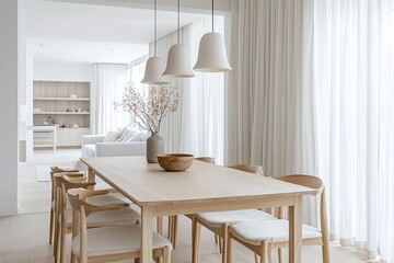 Minimalist Interior Dining Room, interior design of a white-toned interior and dining room with dining tables and chairs. Generative AI
