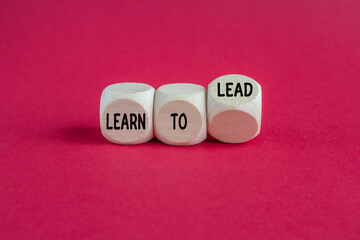 Cubes form the expression Learn to Lead. Beautiful red background. Business concept.