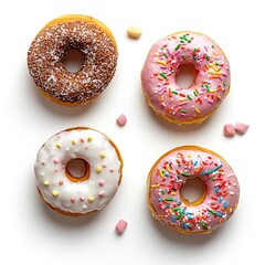 Colorful assortment of delicious donuts on white background a sweet food photography concept