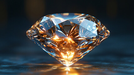 A sparkling diamond sits on a reflective surface, showcasing its brilliant facets and captivating light reflections.