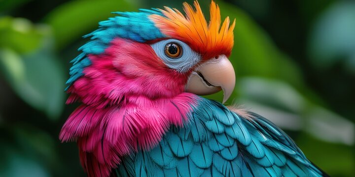 Vibrant parrot with vivid plumage set against lush green foliage.