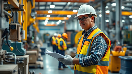 Factory Quality Control Inspector Examining Production Reports in Manufacturing Plant