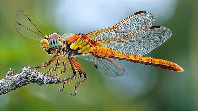 Colorful dragonfly perched on branch, nature close-up, vibrant colors