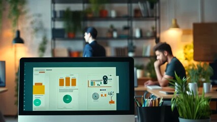 A contemporary office environment featuring a woman working on a desktop computer displaying data analytics and business charts. In the background, professionals in suits engage in discussions