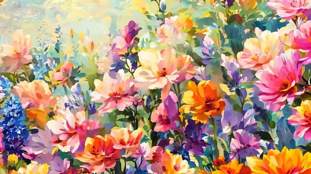 A colorful and expressive impressionist painting featuring a lush garden of blooming flowers in shades of pink, orange, purple, and blue. The rich texture and dynamic brushstrokes 