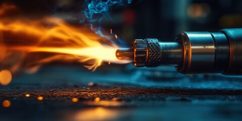 Close-up of a lit blowtorch with intense flame in a workshop setting.