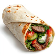 Toasted doner wrap closeup isolated on white food photography clean environment culinary concept