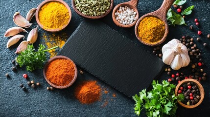 Exploring culinary spices and herbs kitchen countertop food photography vibrant colors overhead view flavorfulness