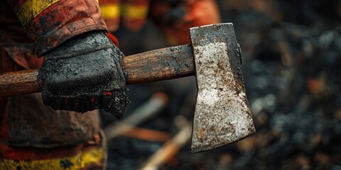 Close-up of a firefighter's gloved hand holding a weathered axe amidst a charred background.