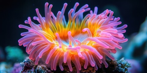 Fototapeta premium Vibrant underwater coral emitting neon hues against a dark background.