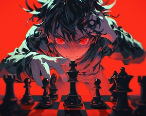 Flame of the Mind: The Chess Demon. Close up. Anime Man with red eyes plays chess. Web banner for anime, manga