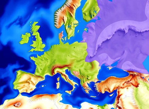 an image of a map of europe with a blue background, there is a map of europe with a blue background and a green and purple map