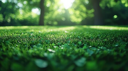 Naklejka premium Lush Green Grass Carpet Under Sunlight in a Tranquil Park Setting