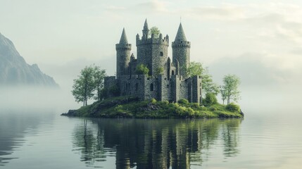 Obraz premium Stone Castle on Misty Island Lake