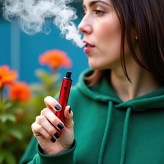 Obraz premium Young woman vaping with a red e-cigarette in a garden setting