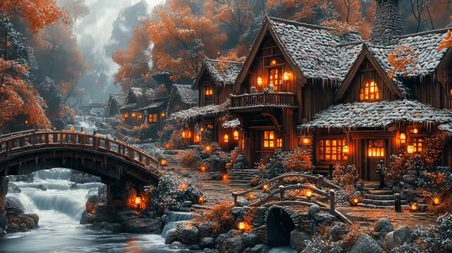Winter fairytale village with lit houses and bridge over stream. Possible stock photo use