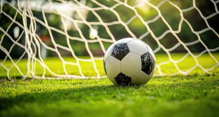 Close-Up of Soccer Ball in Net on Green Field Under Warm Sunlight with Black and White Pattern Ball and Lush Green Backdrop