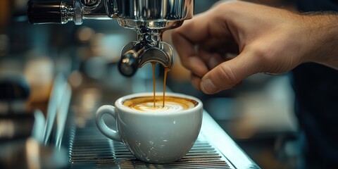 Barista crafting a perfect espresso shot at a busy coffee shop counter.