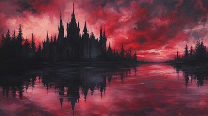 Obraz premium Silhouette Castle at Red Sunset Over Dark Lake