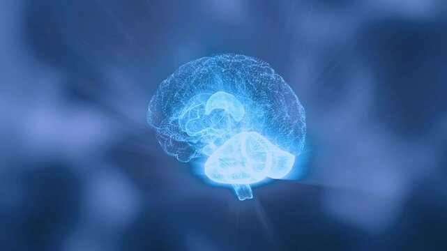 3d rendered illustration of a human brain rotating on a blue background, with well lit areas of the brain, subconscious mind and health concept.