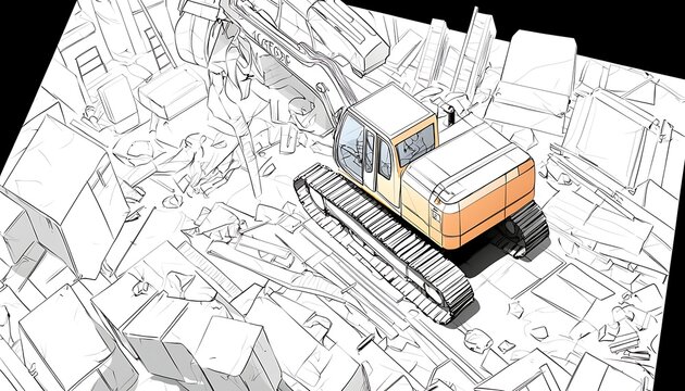 Excavator Demolition Site Sketch.