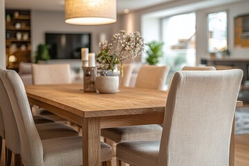 Minimalist interior, interior design of a residential dining room with table and chair in view. Generative AI
