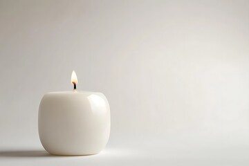 White candle burning with a soft light in a minimalist style for relaxation and meditation