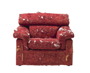 Ripped old armchair isolated on white background