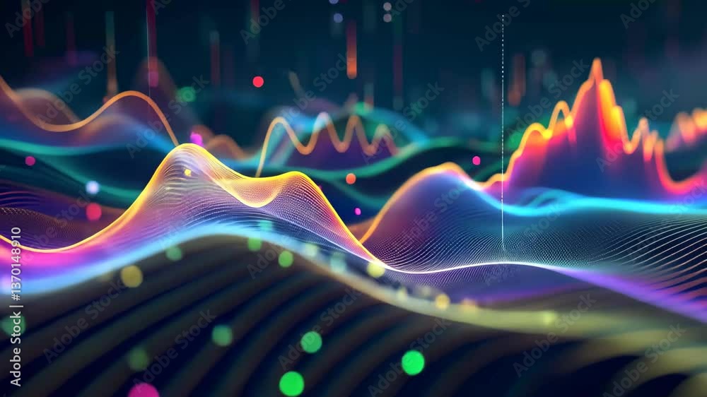 Poster vibrant lines and colorful dots create dynamic wave patterns visually representing sound frequencies