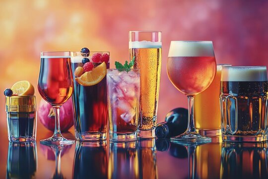 A diverse selection of colorful cocktails and beers on a reflective surface, featuring various garnishes and textures against a vibrant background, creating an inviting and celebratory atmosphere.
