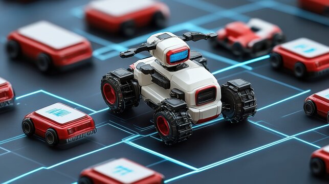 White Robot Leading Red Delivery Robots on Digital Grid Network