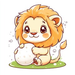 Obraz premium Cute lion cub holding a moon-shaped object, sitting on grass