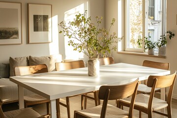 Minimalist Interior Dining Room, interior photo of a sunny dining room with dining table and chair. Generative AI
