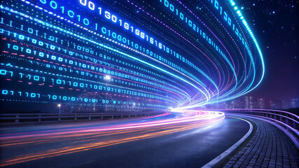 High-Speed Data Stream Futuristic Highway of Binary Code and Light Trails