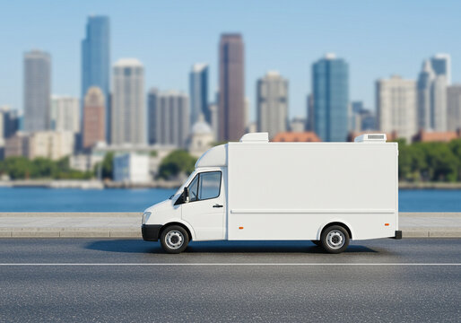 Food Truck Mockup Design. White blank food truck in a road with blur city.