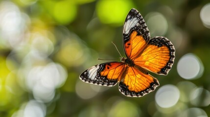 Naklejka premium Vibrant Orange Butterfly with Black Edges Gliding Through Greenery