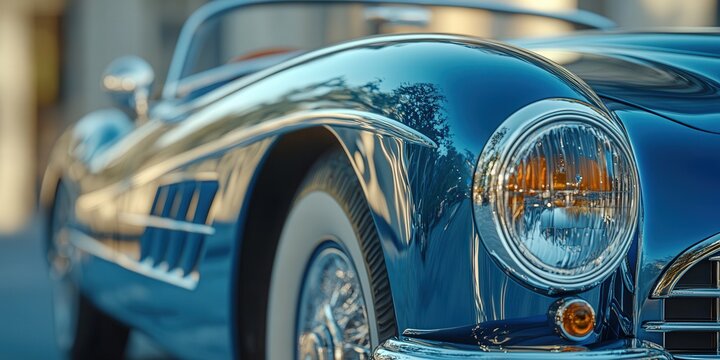 Fototapeta Close-up of a vintage blue classic car with gleaming chrome details and whitewall tires, reflecting a sunny day.