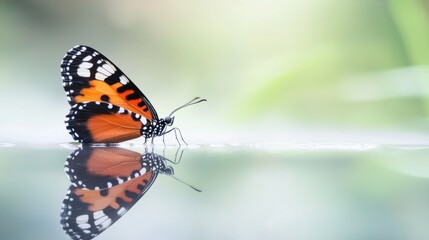 Obraz premium Elegant Monarch Butterfly Reflecting on Calm Water Surface