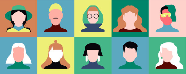 Diverse characters, avatars grid. Different people head portraits pattern in modern style. Creative men, women, abstract faces. Fashion stylish male and female set. Flat vector illustration 