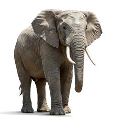 Large African elephant standing isolated on white background, perfect for wildlife stock photography
