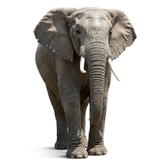 Obraz premium Close-up portrait of an African elephant isolated on white background, detailed wildlife stock photo 